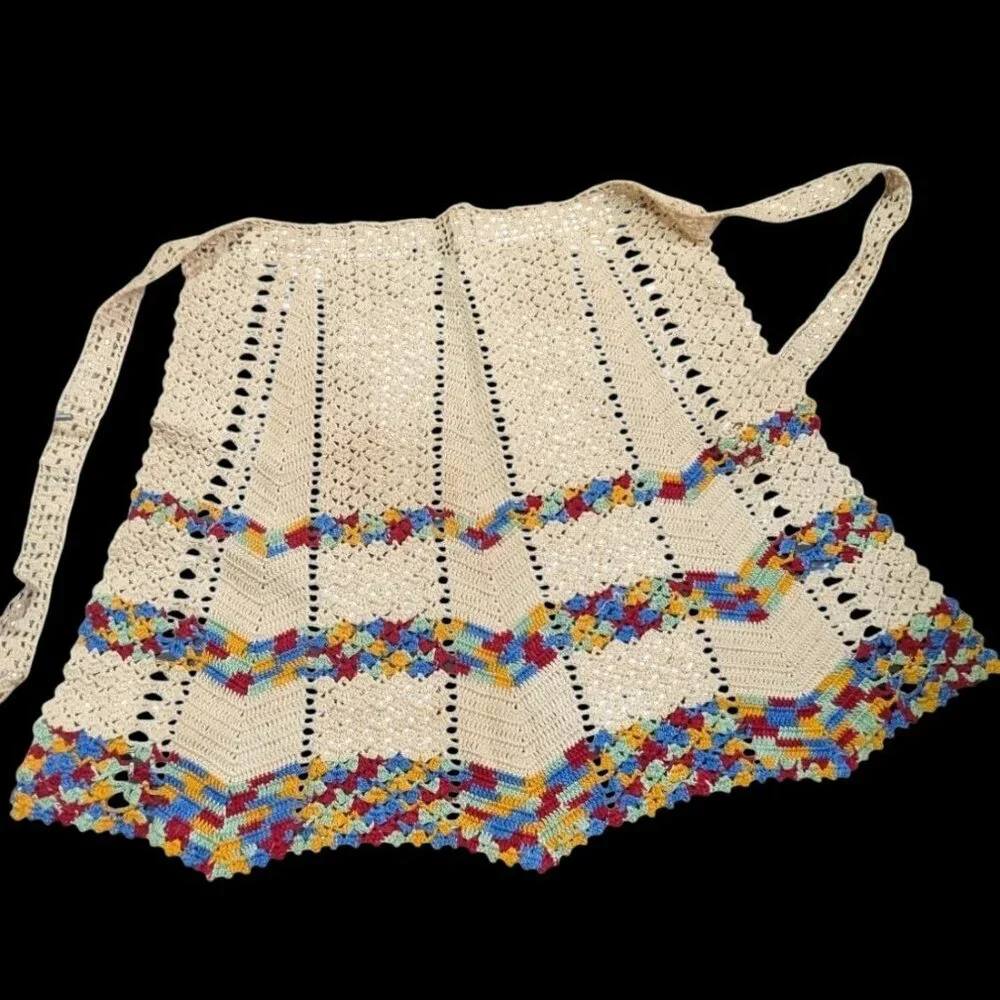 Handmade Vintage Crochet Apron Beige Multicolor Striped Trim Rustic Kitchen Nost